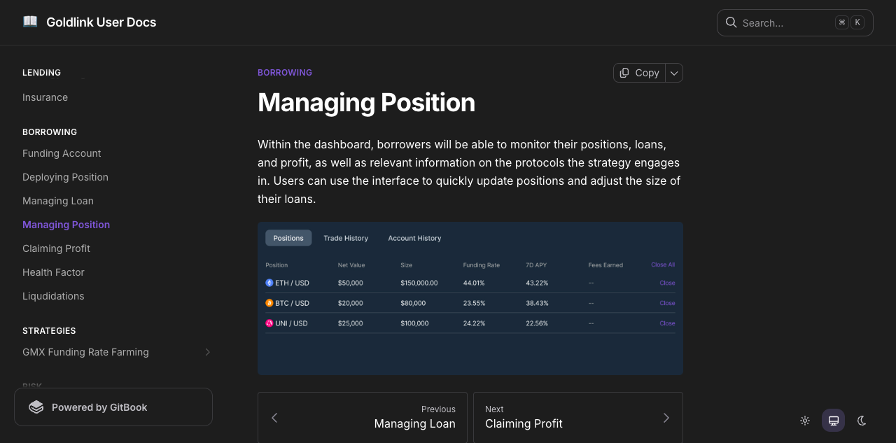 GoldLink DeFi — Position management 1